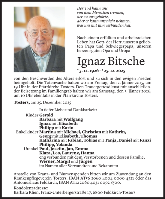 Todesanzeige von Ignaz Bitsche von Vorarlberger Nachrichten