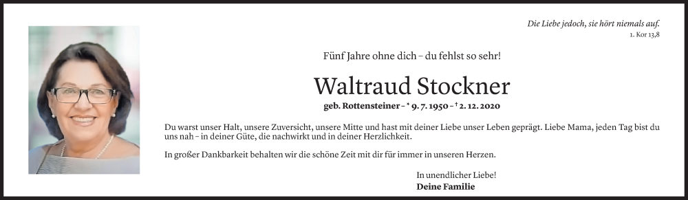  Todesanzeige für Waltraud Stockner vom 01.12.2025 aus vorarlberger nachrichten