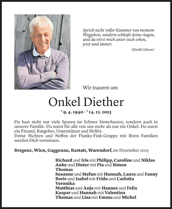 Todesanzeige von Diether Fink von Vorarlberger nachrichten