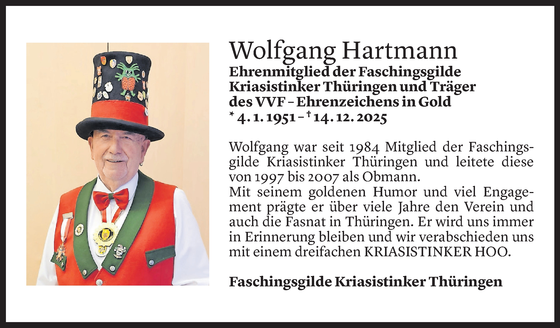  Todesanzeige für Wolfgang Hartmann vom 17.12.2025 aus Vorarlberger Nachrichten