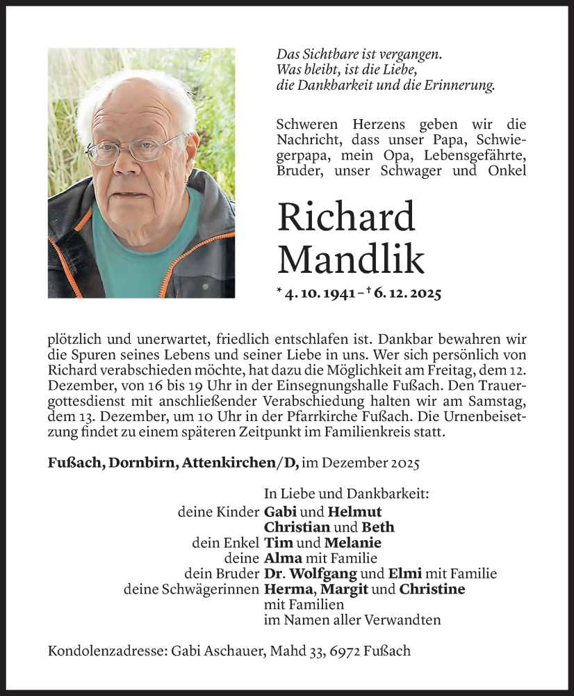  Todesanzeige für Richard Mandlik vom 09.12.2025 aus vorarlberger nachrichten