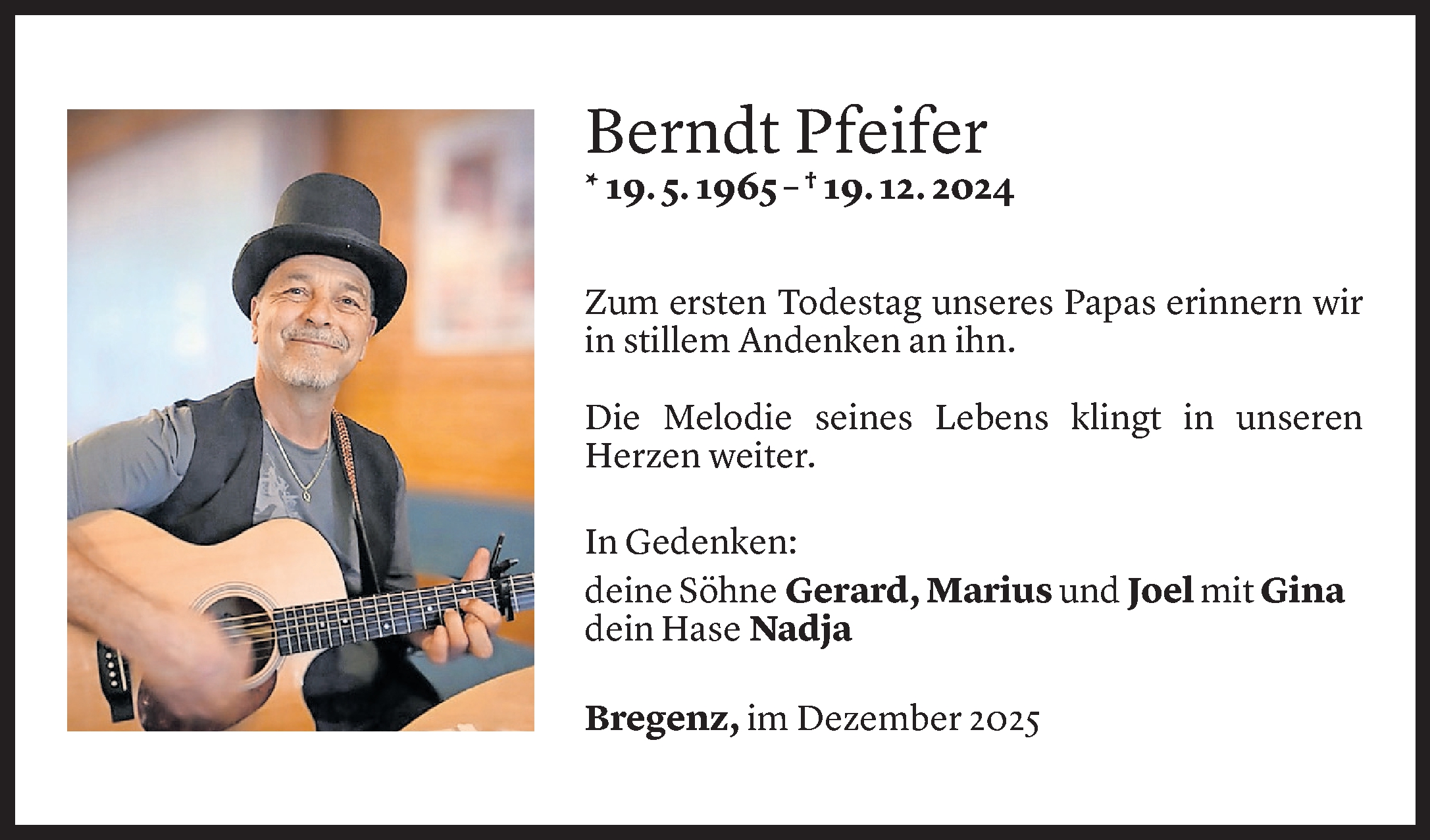  Todesanzeige für Berndt Pfeifer vom 19.12.2025 aus vorarlberger nachrichten