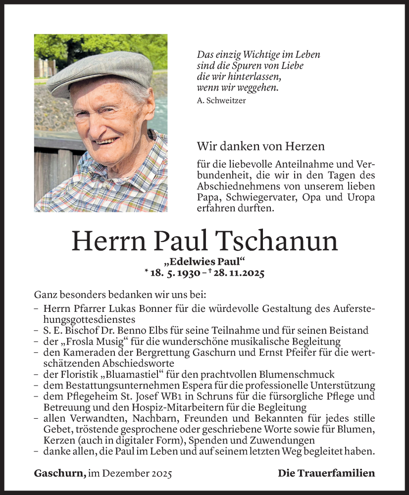  Todesanzeige für Paul Tschanun vom 18.12.2025 aus Vorarlberger Nachrichten