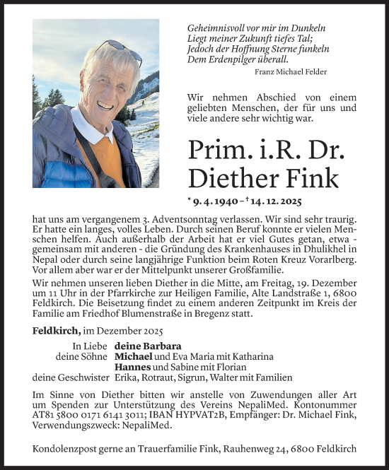 Todesanzeige von Diether Fink von Vorarlberger nachrichten