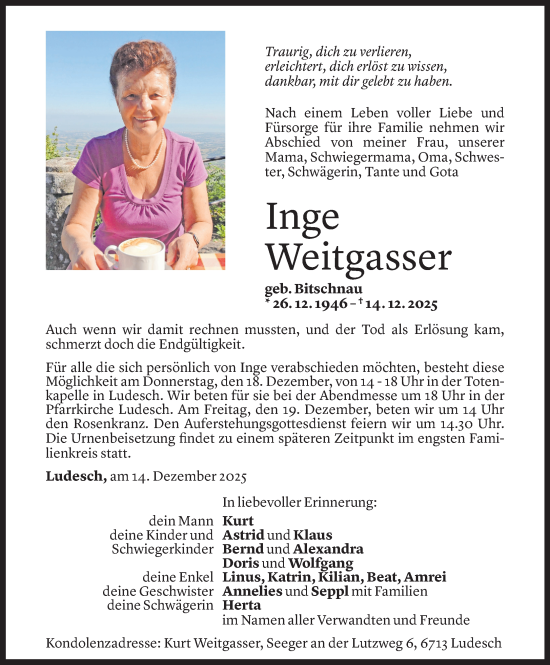 Todesanzeige von Inge Weitgasser von vorarlberger nachrichten