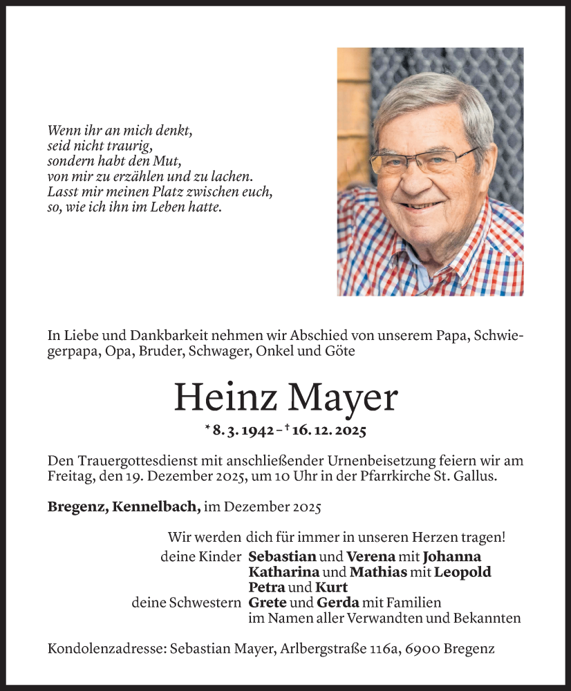  Todesanzeige für Heinz Mayer vom 16.12.2025 aus Vorarlberger nachrichten
