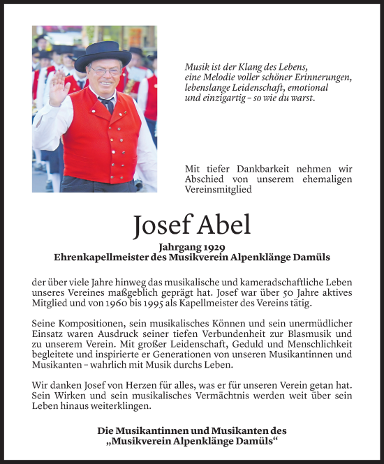 Todesanzeige von Josef Abel von Vorarlberger nachrichten