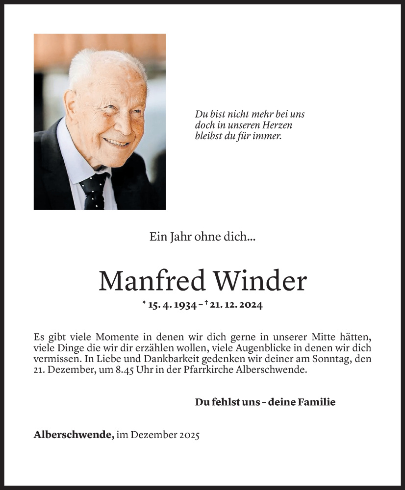  Todesanzeige für Manfred Winder vom 19.12.2025 aus Vorarlberger Nachrichten