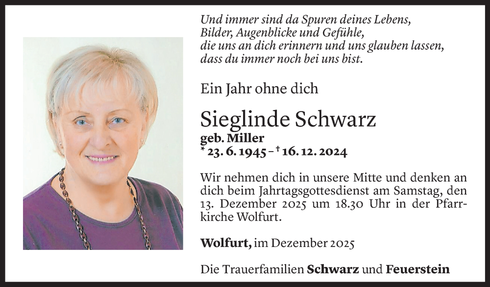  Todesanzeige für Sieglinde Schwarz vom 09.12.2025 aus vorarlberger nachrichten