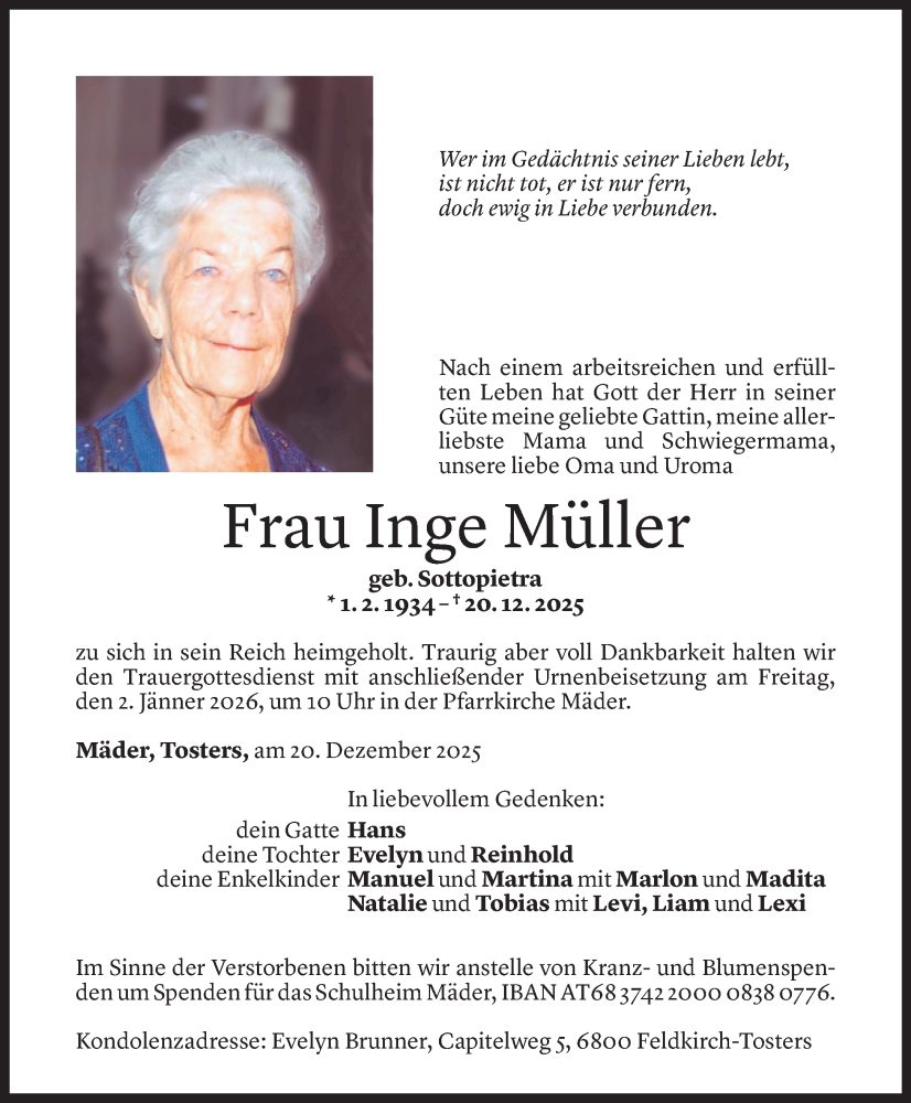  Todesanzeige für Inge Müller vom 29.12.2025 aus Vorarlberger Nachrichten
