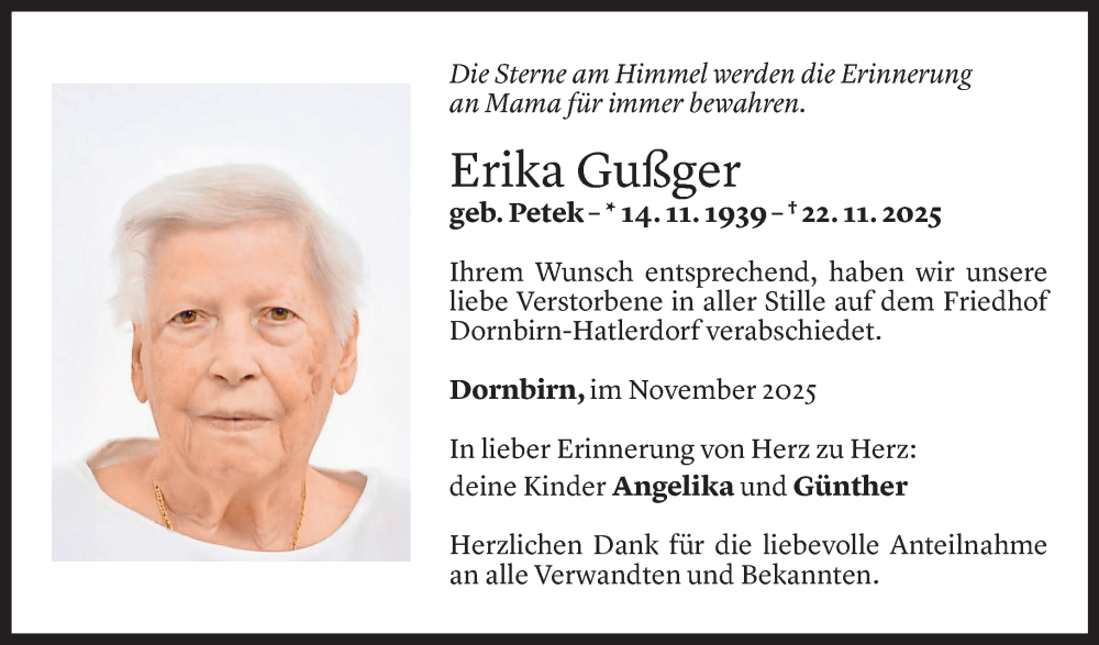  Todesanzeige für Erika Gußger vom 06.12.2025 aus Vorarlberger Nachrichten