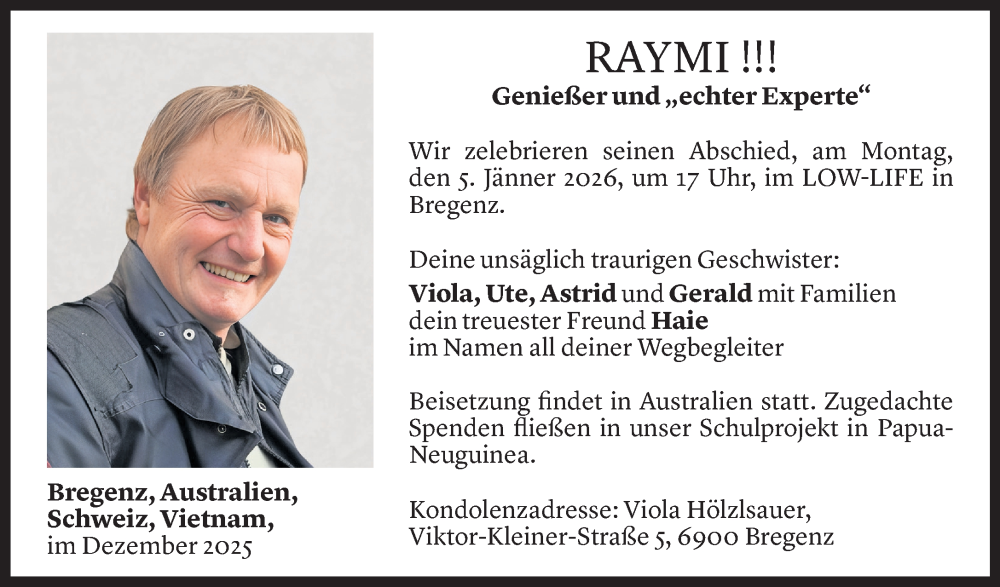  Todesanzeige für Raymond Hölzlsauer vom 27.12.2025 aus vorarlberger nachrichten