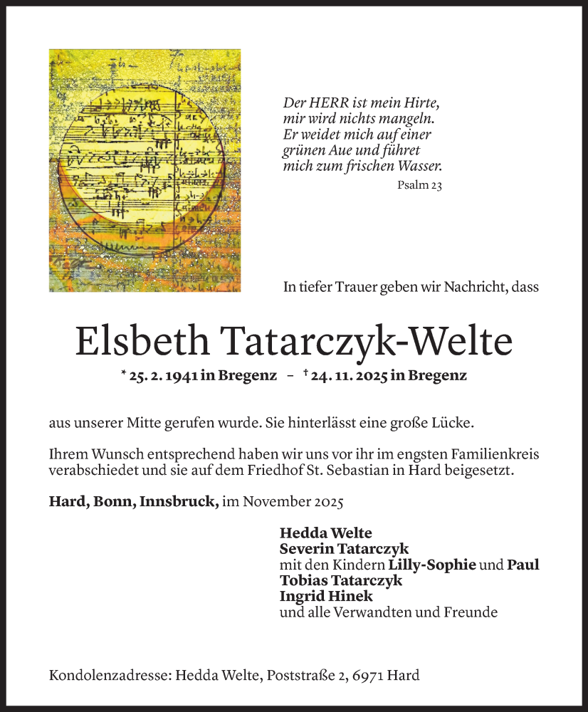  Todesanzeige für Elsbeth Tatarczyk-Welte vom 13.12.2025 aus vorarlberger nachrichten