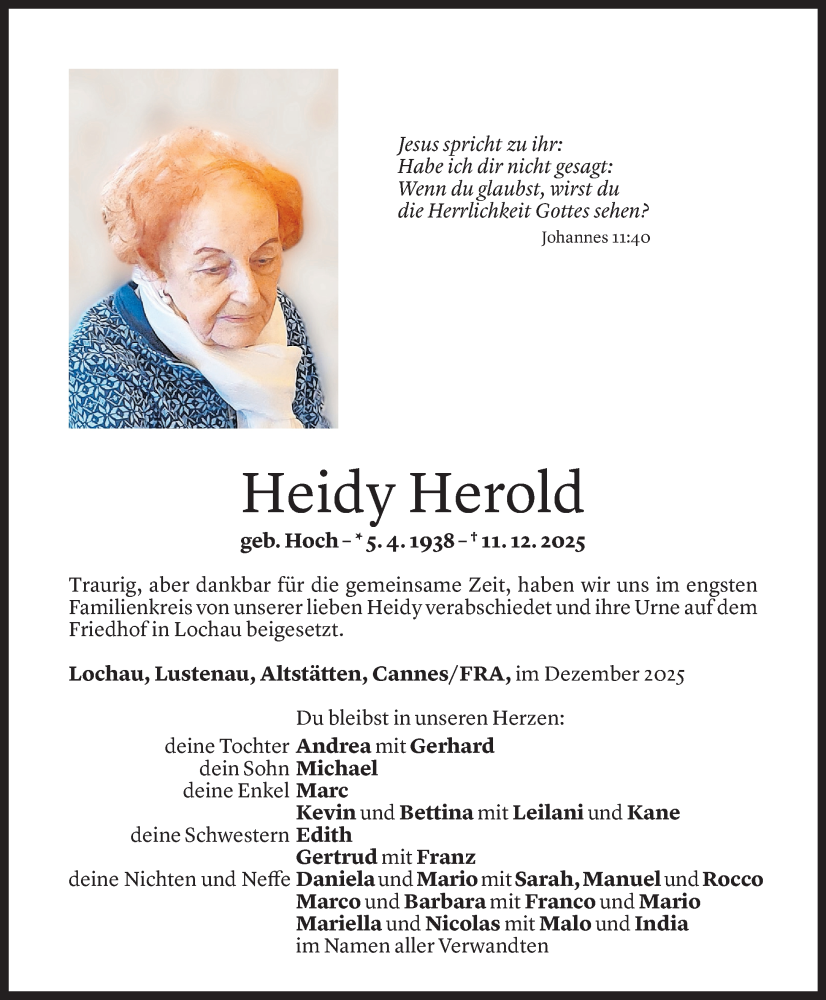  Todesanzeige für Heidy Herold vom 17.12.2025 aus Vorarlberger Nachrichten