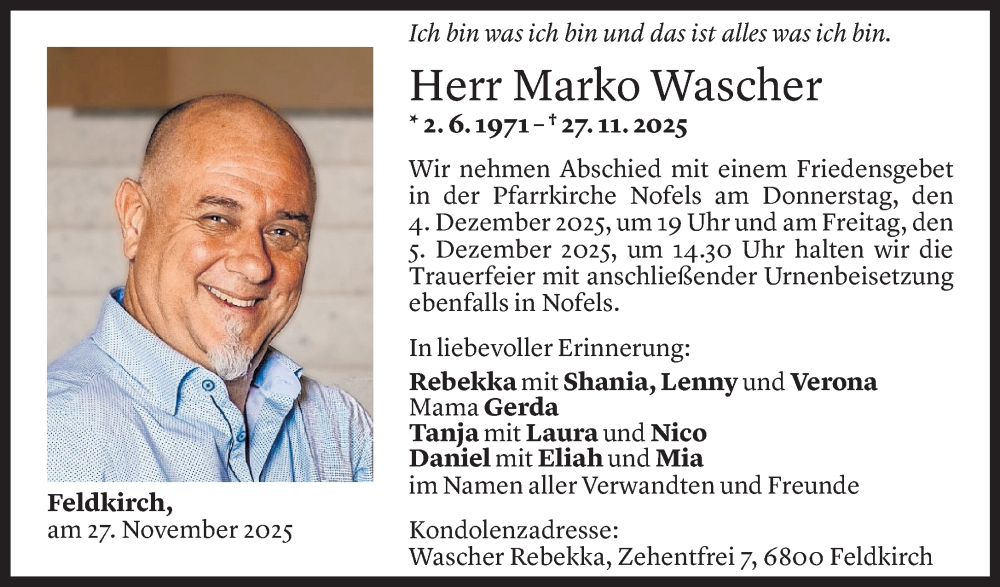  Todesanzeige für Marko Wascher vom 01.12.2025 aus vorarlberger nachrichten