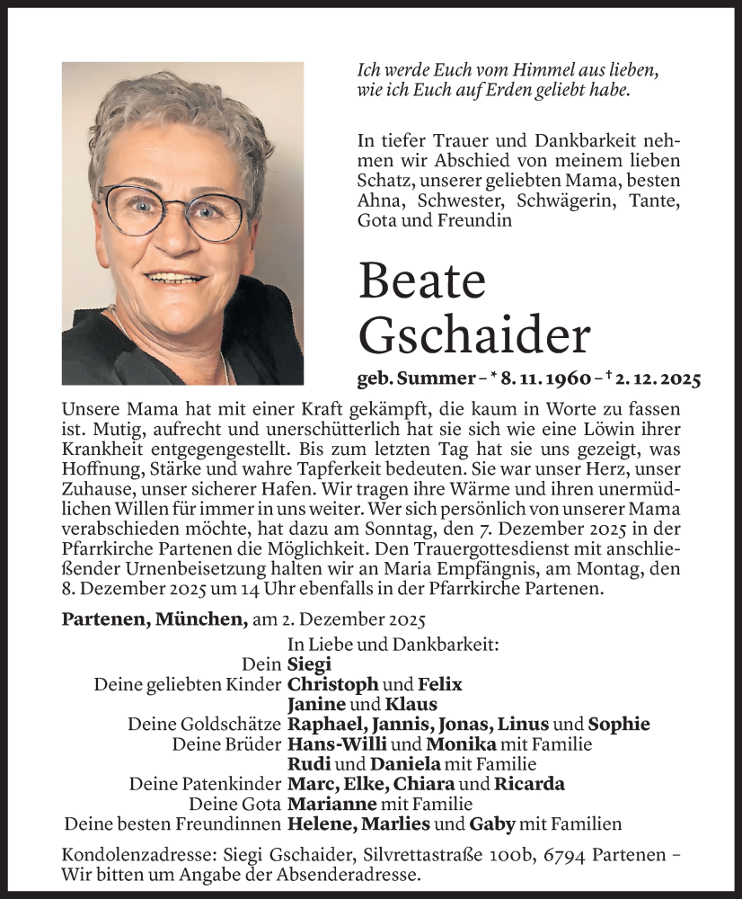  Todesanzeige für Beate Gschaider vom 04.12.2025 aus Vorarlberger Nachrichten