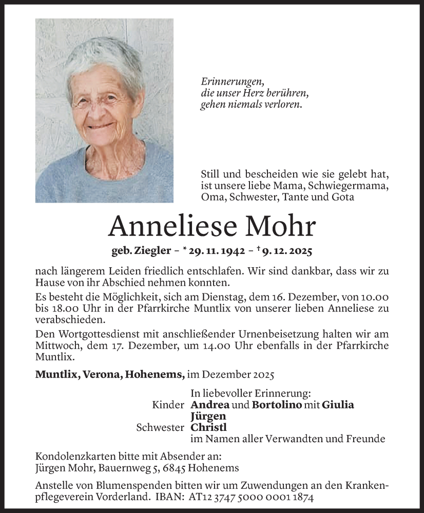  Todesanzeige für Anneliese Mohr vom 12.12.2025 aus 