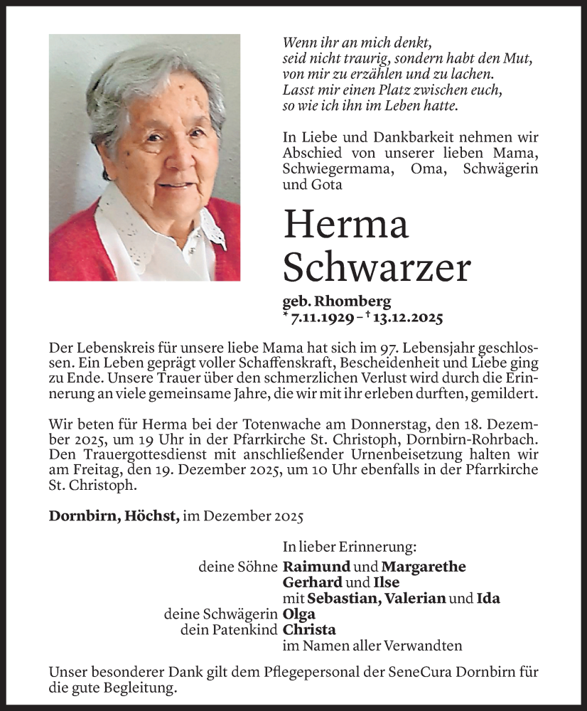  Todesanzeige für Herma Schwarzer vom 15.12.2025 aus vorarlberger nachrichten