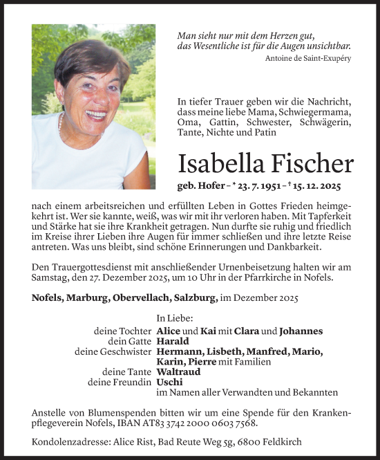 Todesanzeige von Isabella Fischer von Vorarlberger Nachrichten