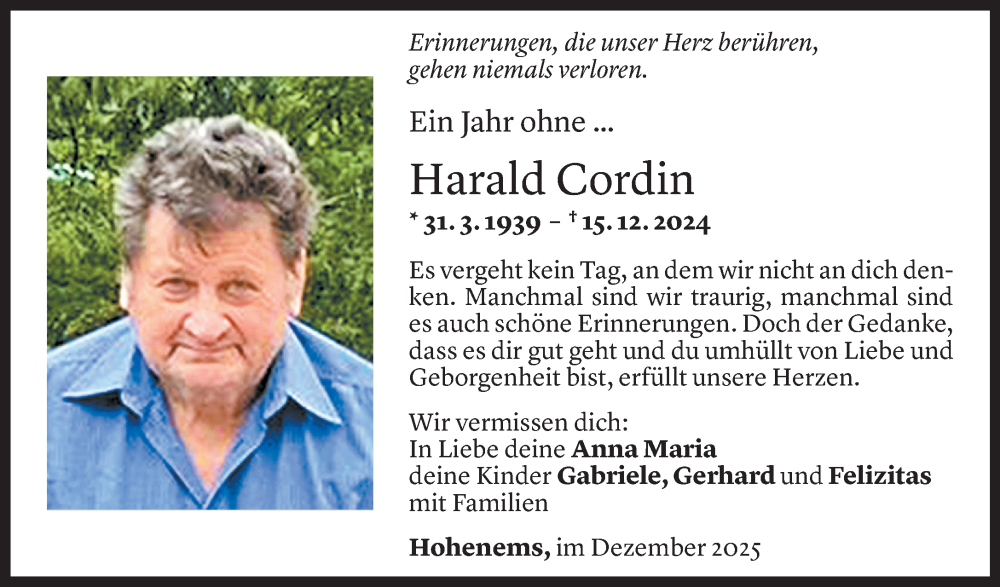  Todesanzeige für Harald Cordin vom 15.12.2025 aus Vorarlberger nachrichten