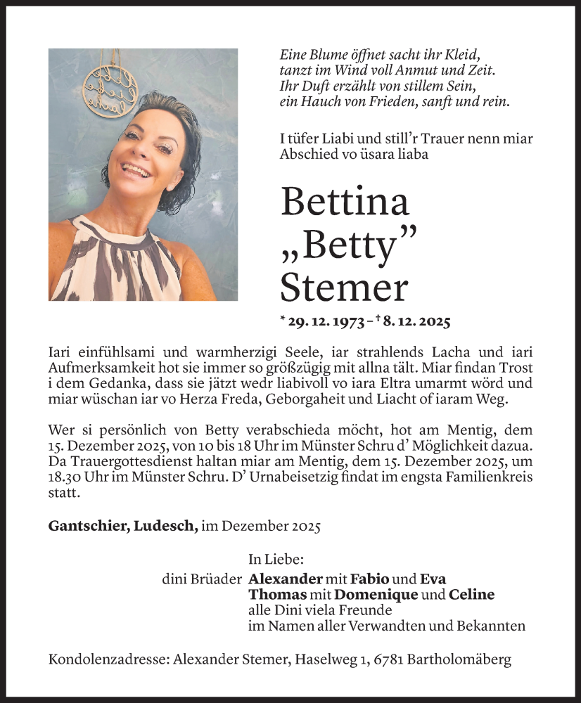  Todesanzeige für Bettina Stemer vom 12.12.2025 aus vorarlberger nachrichten