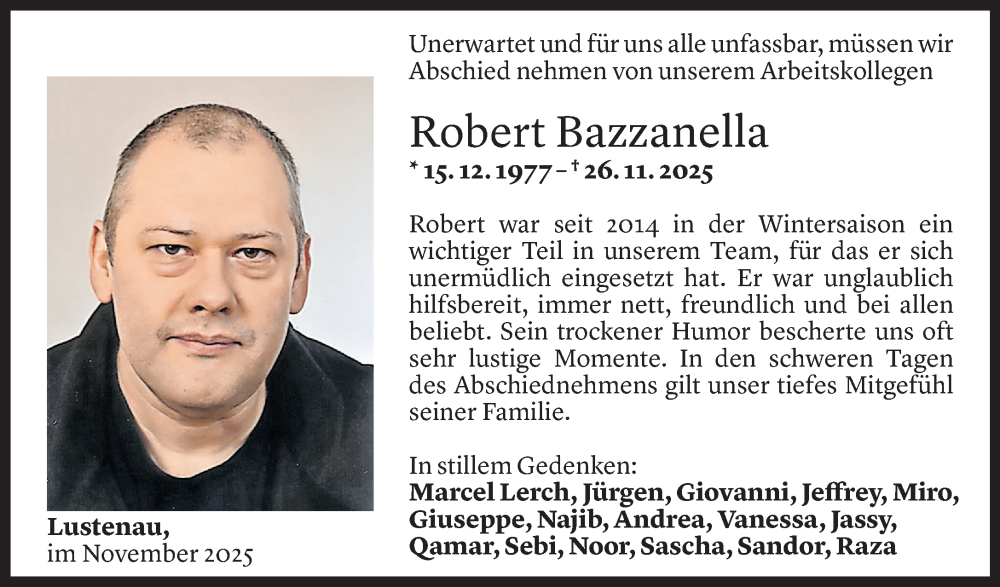  Todesanzeige für Robert Bazzanella vom 06.12.2025 aus Vorarlberger Nachrichten