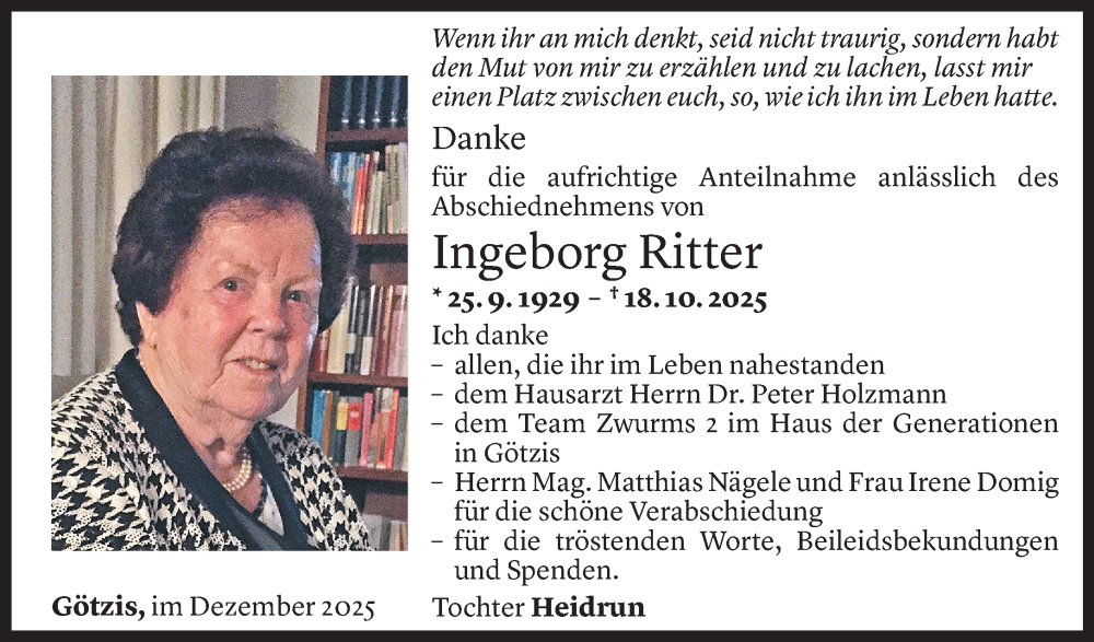  Todesanzeige für Ingeborg Ritter vom 18.12.2025 aus Vorarlberger Nachrichten