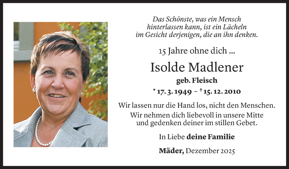  Todesanzeige für Isolde Madlener vom 13.12.2025 aus Vorarlberger nachrichten