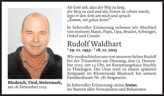 Todesanzeige von Rudolf Waldhart von Vorarlberger Nachrichten