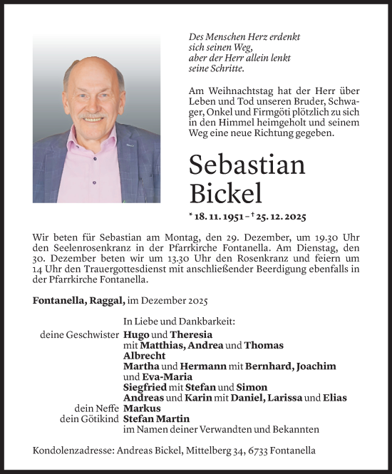 Todesanzeige von Sebastian Bickel von vorarlberger nachrichten