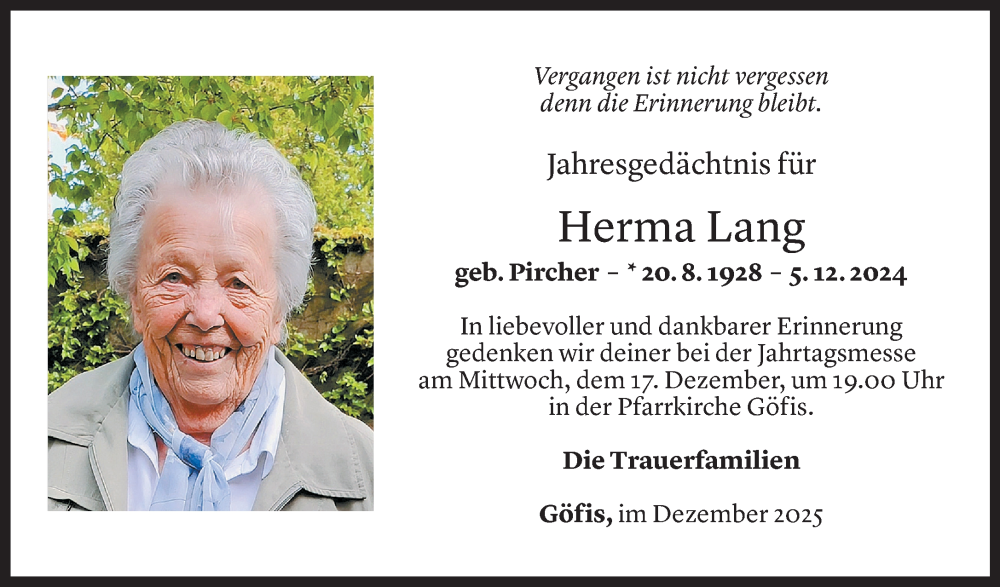 Todesanzeige für Herma Lang vom 04.12.2025 aus vorarlberger nachrichten