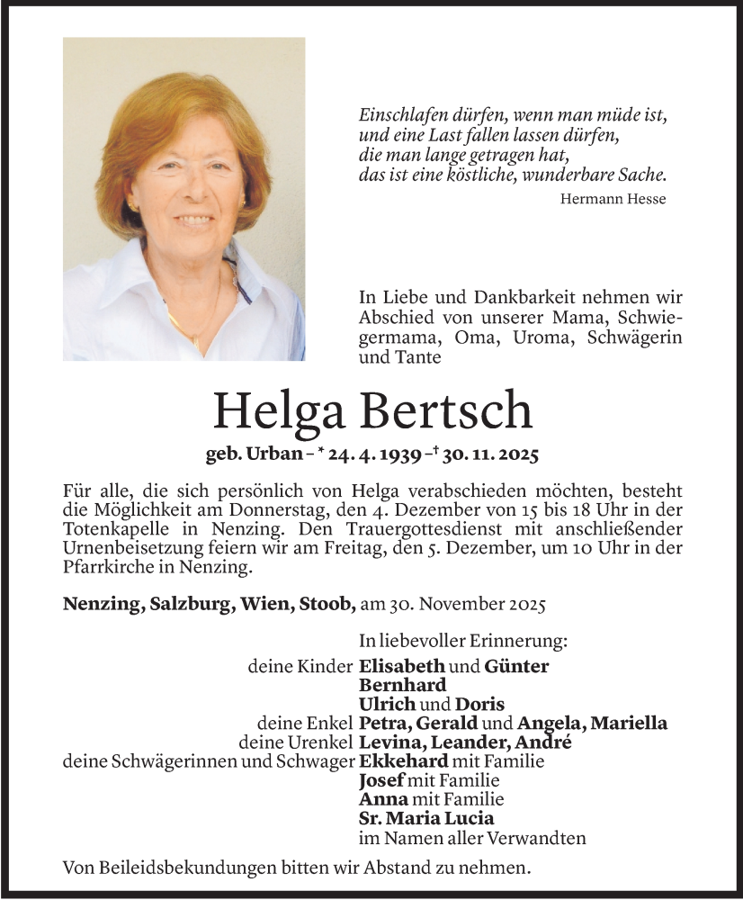  Todesanzeige für Helga Bertsch vom 01.12.2025 aus vorarlberger nachrichten