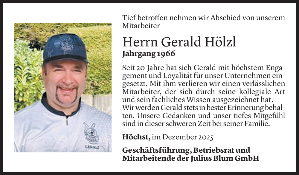  Todesanzeige für Gerald Hölzl vom 20.12.2025 aus Vorarlberger Nachrichten