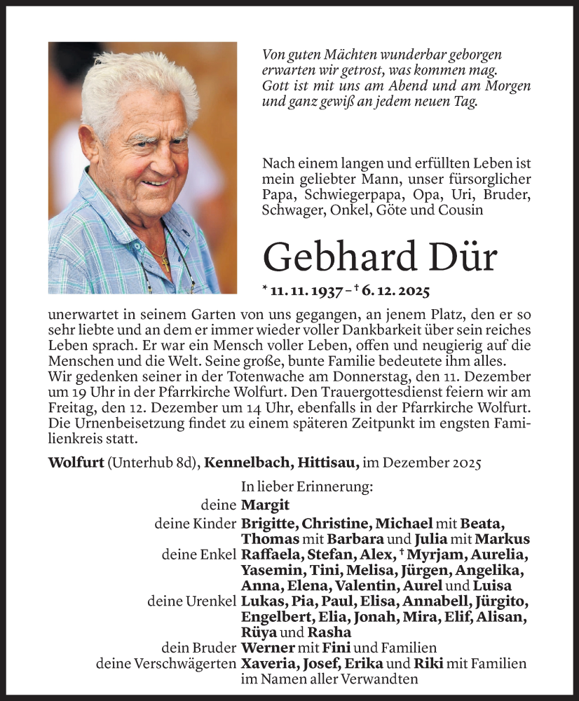  Todesanzeige für Gebhard Dür vom 09.12.2025 aus vorarlberger nachrichten