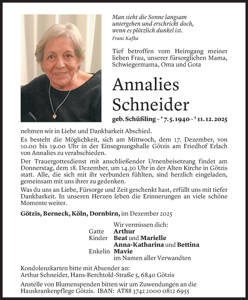  Todesanzeige für Annalies Schneider vom 15.12.2025 aus Vorarlberger Nachrichten