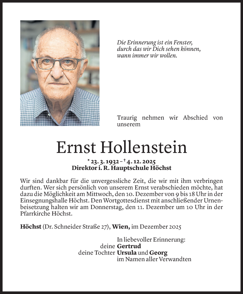  Todesanzeige für Ernst Hollenstein vom 05.12.2025 aus Vorarlberger Nachrichten
