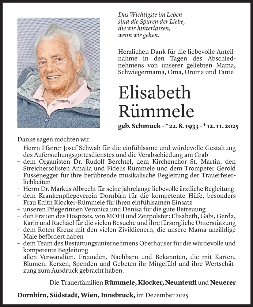  Todesanzeige für Elisabeth Rümmele vom 20.12.2025 aus Vorarlberger Nachrichten