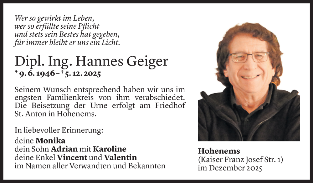  Todesanzeige für Hannes Geiger vom 13.12.2025 aus vorarlberger nachrichten