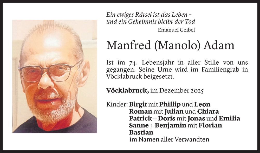 Todesanzeige für Manfred Adam vom 19.12.2025 aus Vorarlberger Nachrichten