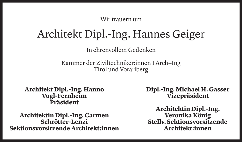  Todesanzeige für Hannes Geiger vom 16.12.2025 aus Vorarlberger nachrichten
