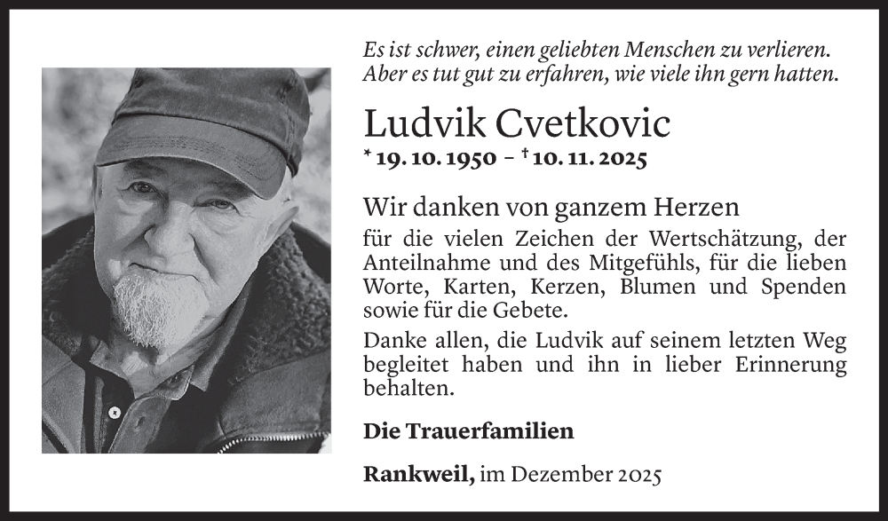 Todesanzeige für Ludvik Cvetkovic vom 02.12.2025 aus Vorarlberger nachrichten