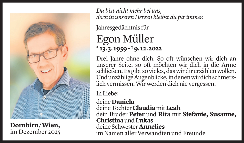  Todesanzeige für Egon Müller vom 09.12.2025 aus vorarlberger nachrichten