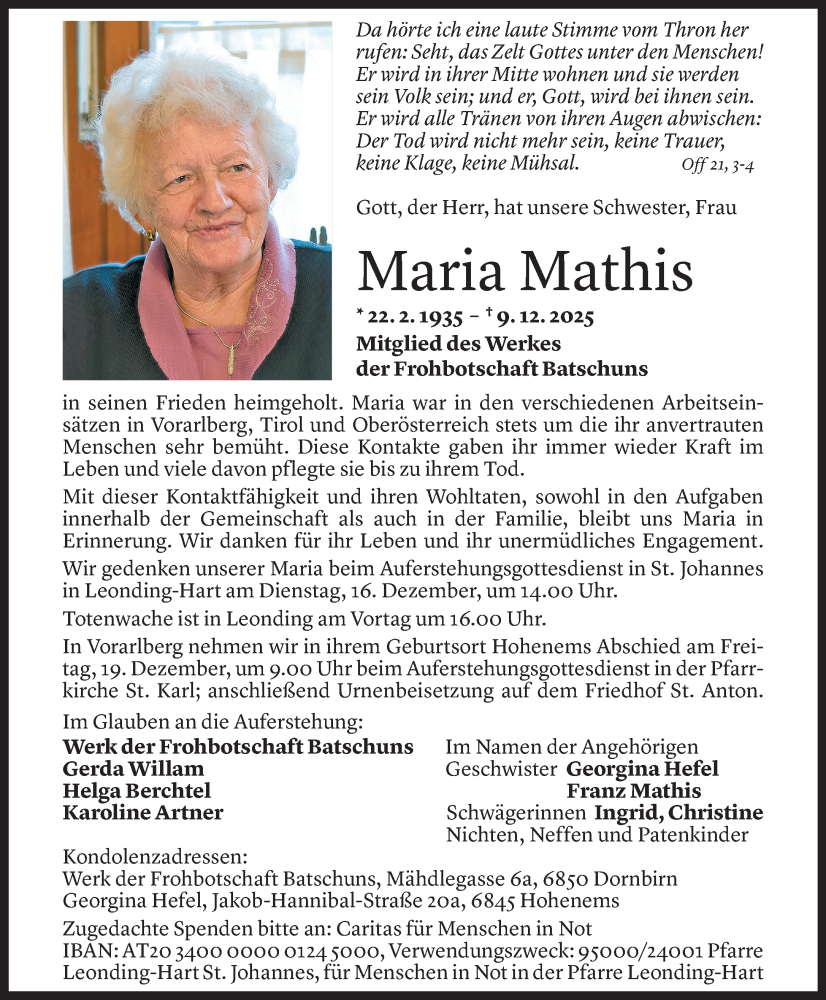 Todesanzeige für Maria Mathis vom 12.12.2025 aus Vorarlberger Nachrichten