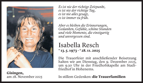 Todesanzeige von Isabella Resch von Vorarlberger Nachrichten