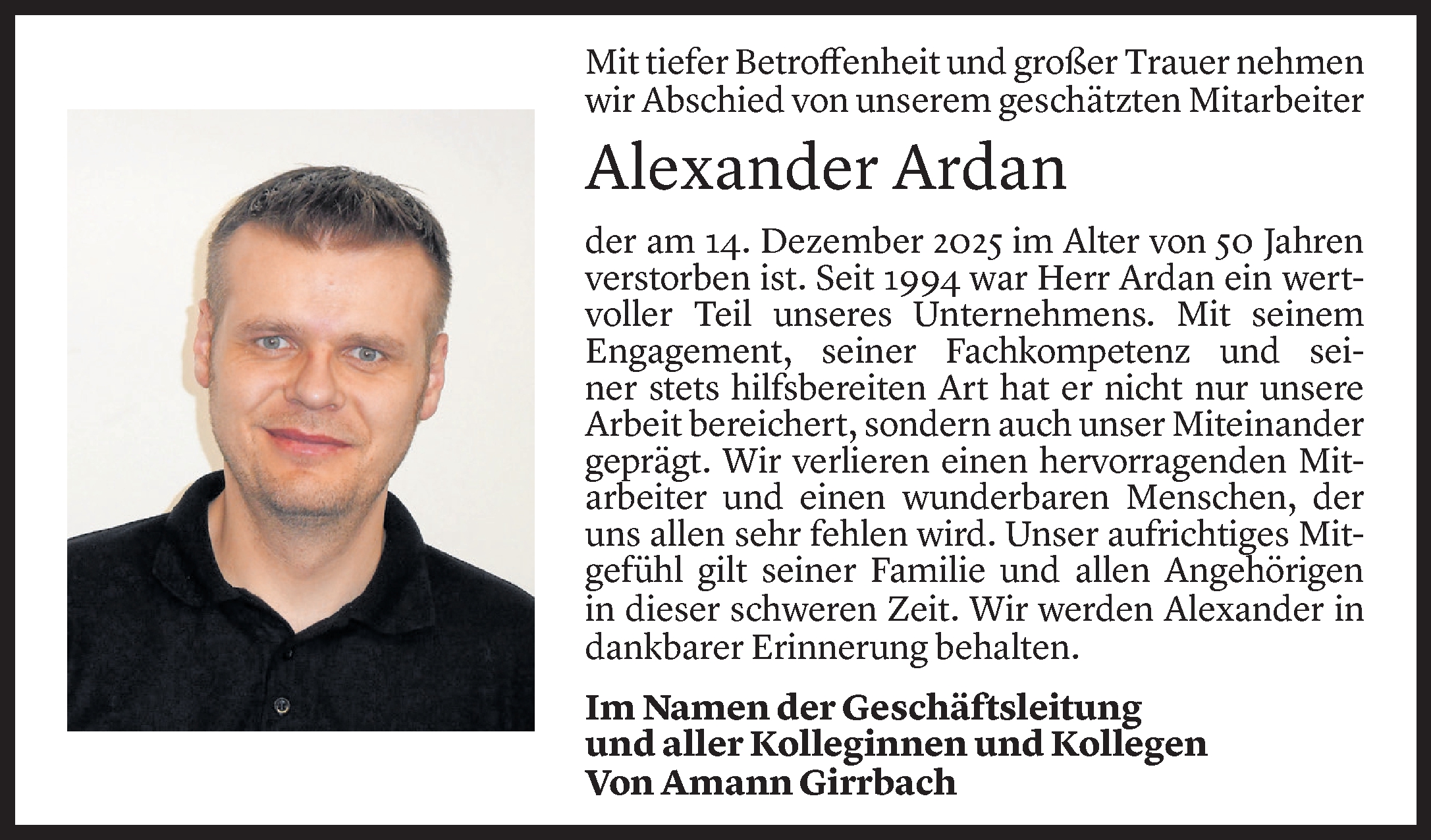  Todesanzeige für Aleksander Ardan vom 17.12.2025 aus vorarlberger nachrichten