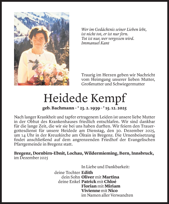 Todesanzeige von Heidede Kempf von Vorarlberger Nachrichten