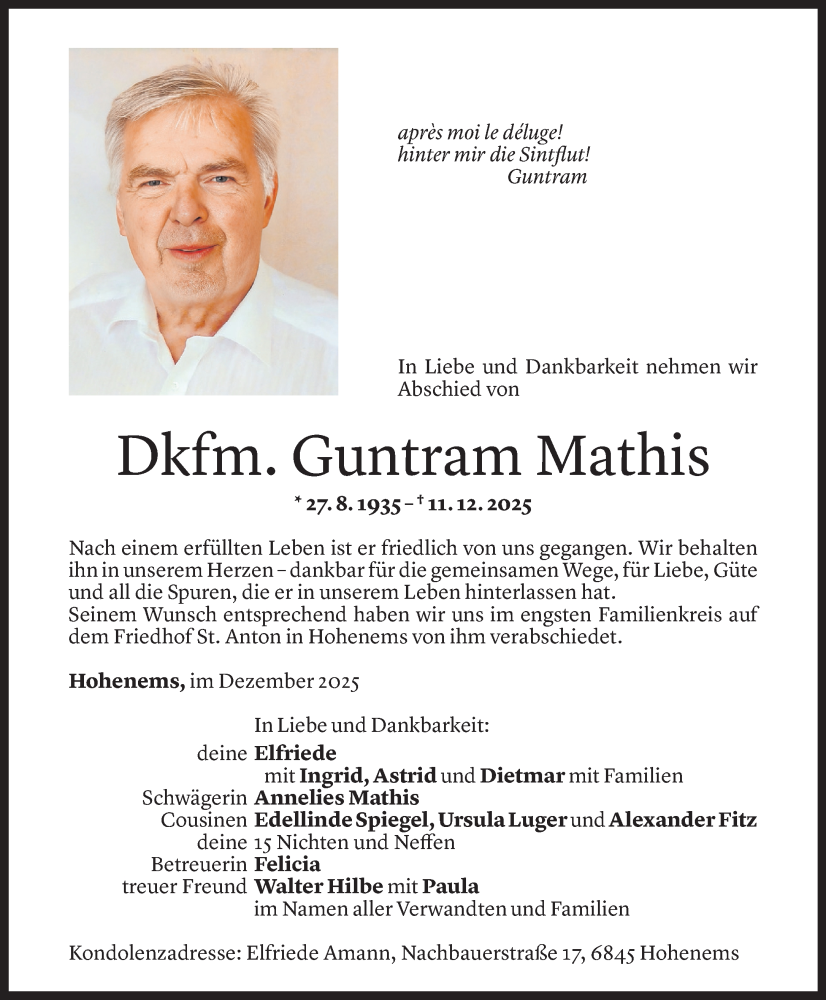  Todesanzeige für Guntram Mathis vom 18.12.2025 aus Vorarlberger Nachrichten