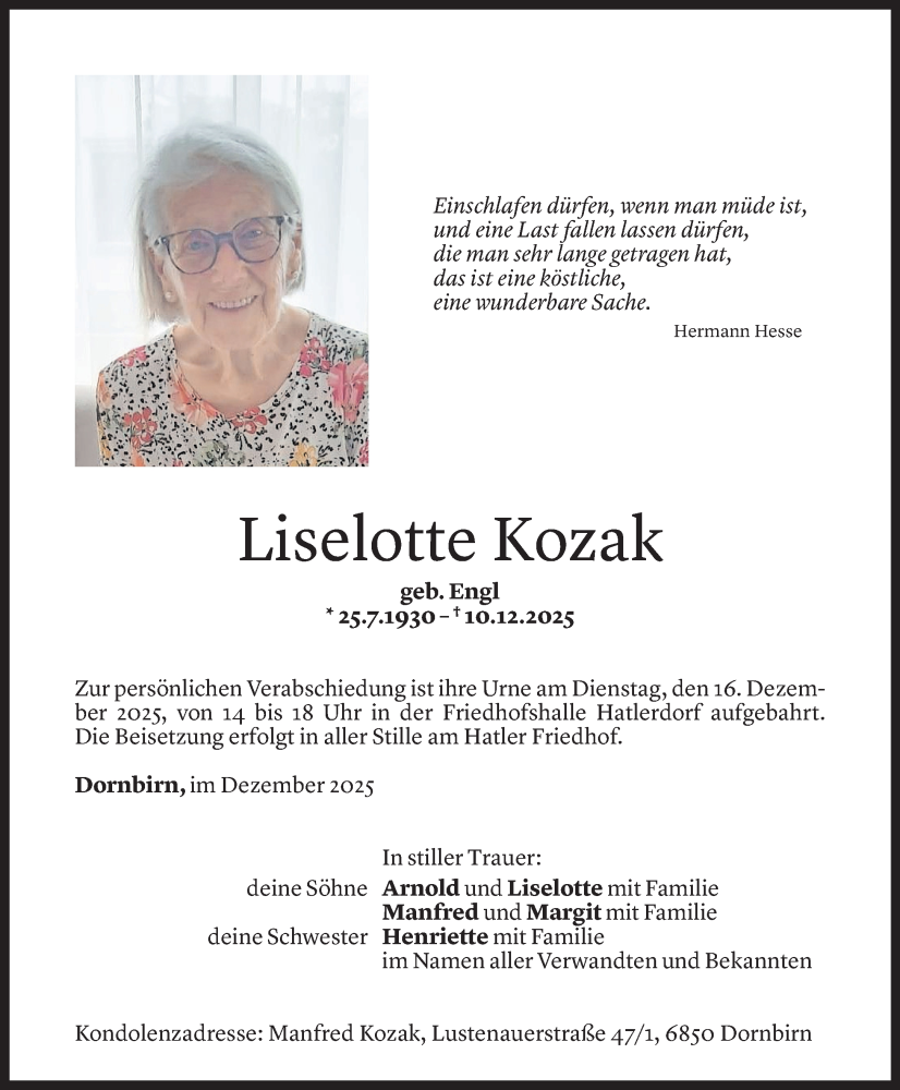  Todesanzeige für Liselotte Kozak vom 12.12.2025 aus vorarlberger nachrichten
