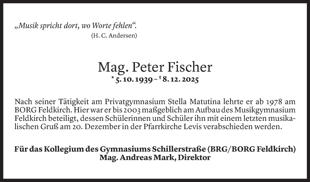  Todesanzeige für Peter Fischer vom 16.12.2025 aus Vorarlberger Nachrichten