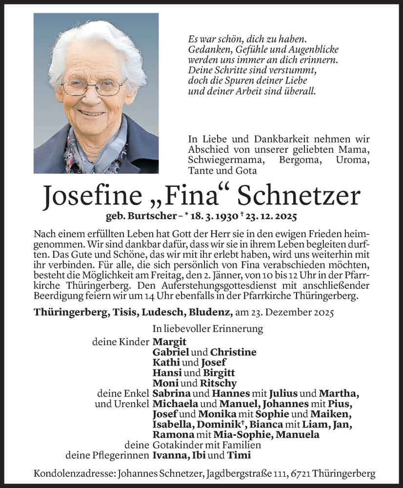  Todesanzeige für Josefine Schnetzer vom 29.12.2025 aus Vorarlberger Nachrichten